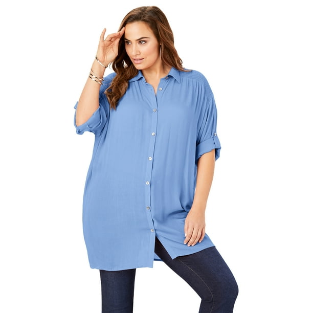 NEW Roamans Ladies Long Line Shirt Blouse Top BLUE Stripe Crinkle 20 LAST ONE